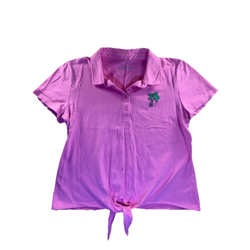 Talbots Woman's Medium Pink Polo Cotton Spandex Front Tie Palm Tree Shirt